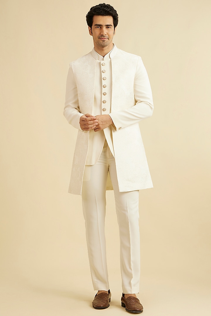 Cream Art Silk Self-Design Sherwani Set by Manyavar at Pernia's Pop Up Shop