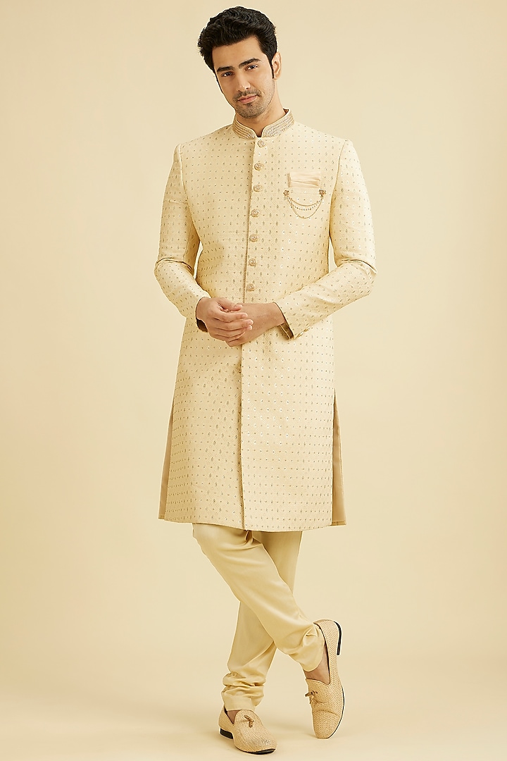 Warm White Georgette Sequins Embroidered Sherwani Set by Manyavar at Pernia's Pop Up Shop