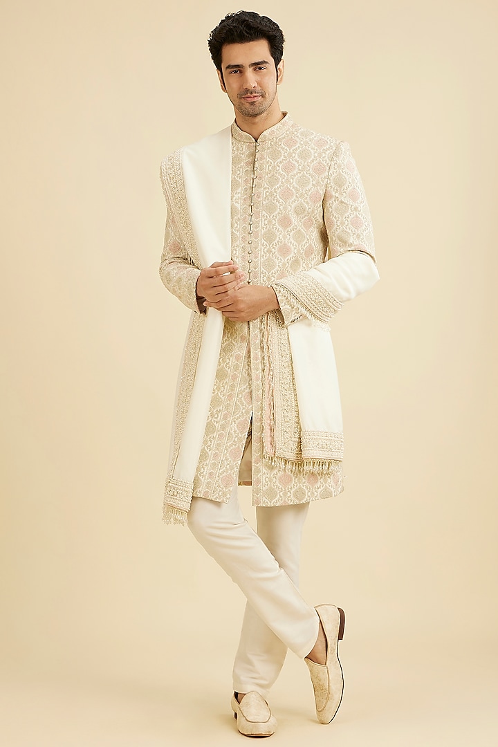 Cream Art Silk Thread Embroidered Wedding Sherwani Set by Manyavar at Pernia's Pop Up Shop