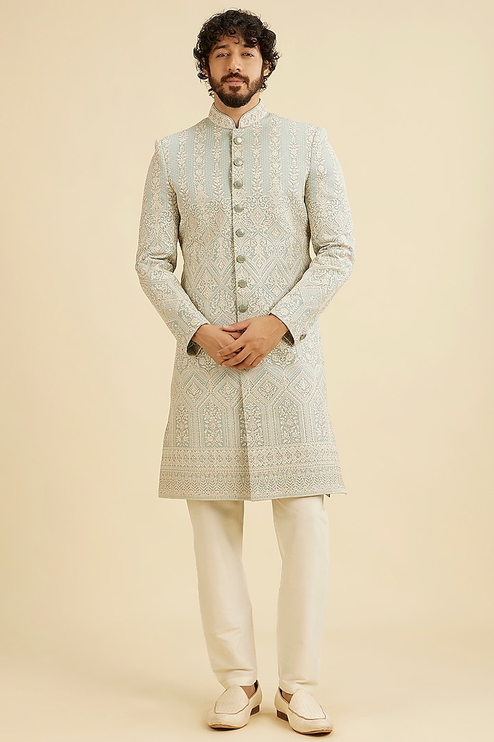 Grey Georgette Thread Embroidered Wedding Sherwani Set by Manyavar at Pernia's Pop Up Shop