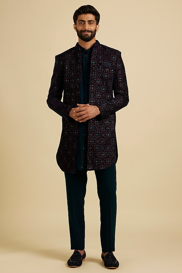 Blue Velvet Embroidered Indowestern Set by Manyavar at Pernia's Pop Up Shop