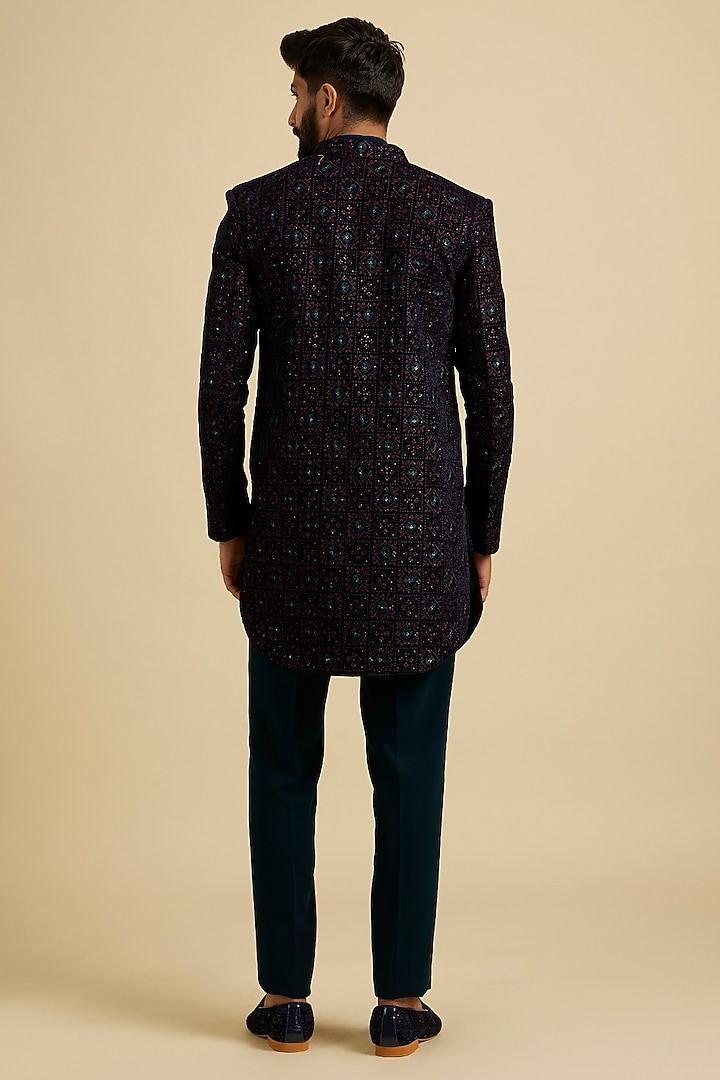 Blue Velvet Embroidered Indowestern Set by Manyavar at Pernia's Pop Up Shop