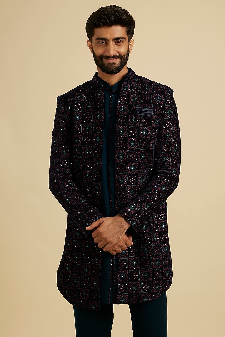 Blue Velvet Embroidered Indowestern Set by Manyavar at Pernia's Pop Up Shop