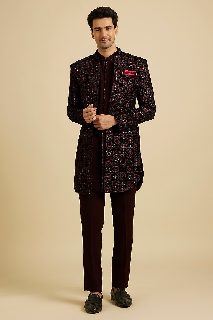 Maroon Velvet Embroidered Indowestern Set by Manyavar at Pernia's Pop Up Shop