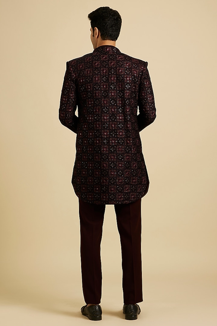 Maroon Velvet Embroidered Indowestern Set by Manyavar at Pernia's Pop Up Shop