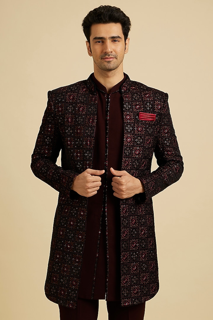 Maroon Velvet Embroidered Indowestern Set by Manyavar at Pernia's Pop Up Shop