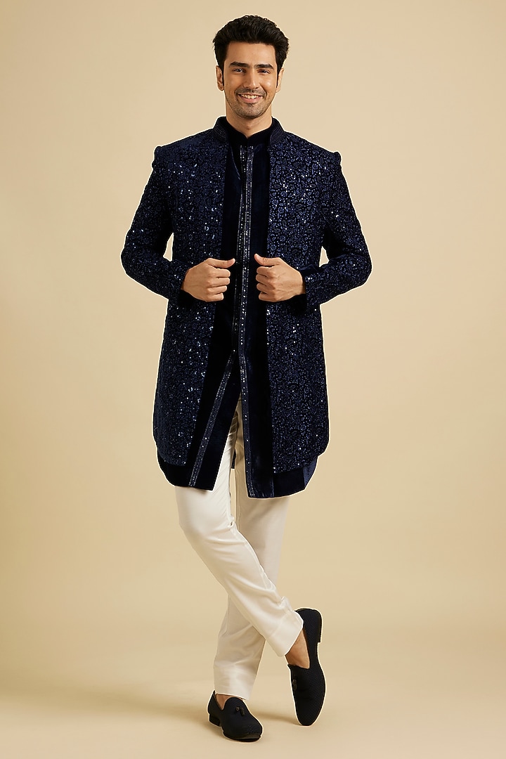 Blue Velvet Threadwork Indowestern Set by Manyavar at Pernia's Pop Up Shop