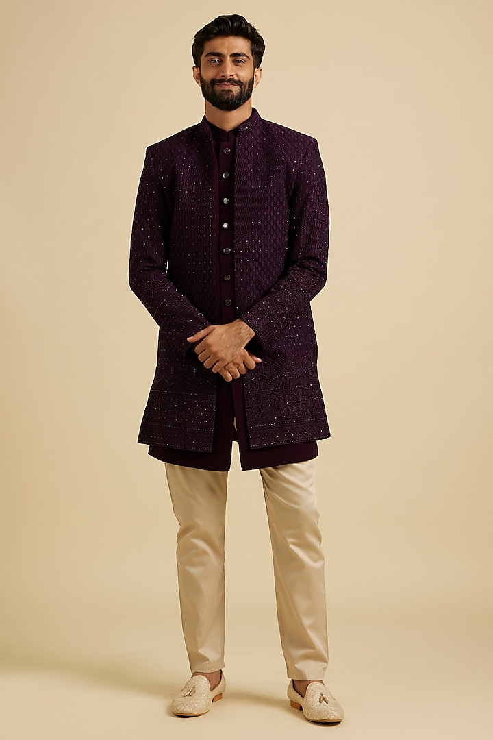 Wine Georgette Embroidered Indowestern Set by Manyavar at Pernia's Pop Up Shop