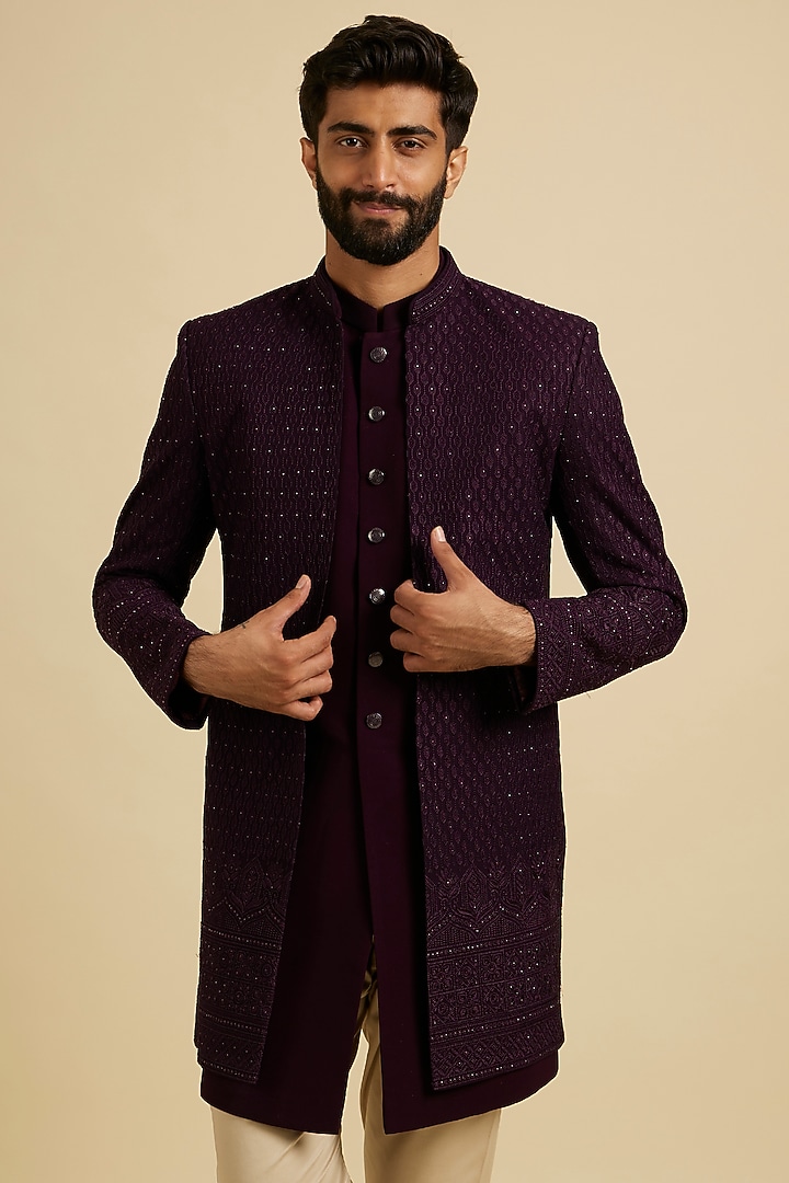Wine Georgette Embroidered Wedding Indowestern Set by Manyavar at Pernia's Pop Up Shop