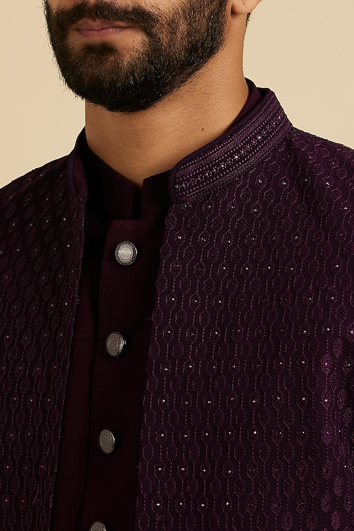 Wine Georgette Embroidered Wedding Indowestern Set by Manyavar at Pernia's Pop Up Shop