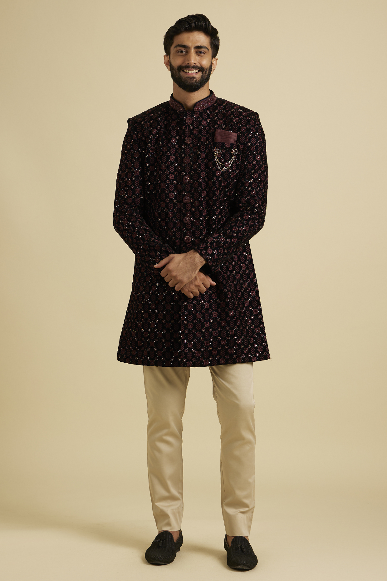 Wine Velvet Sequins Work Indowestern Set by Manyavar at Pernia's Pop Up Shop