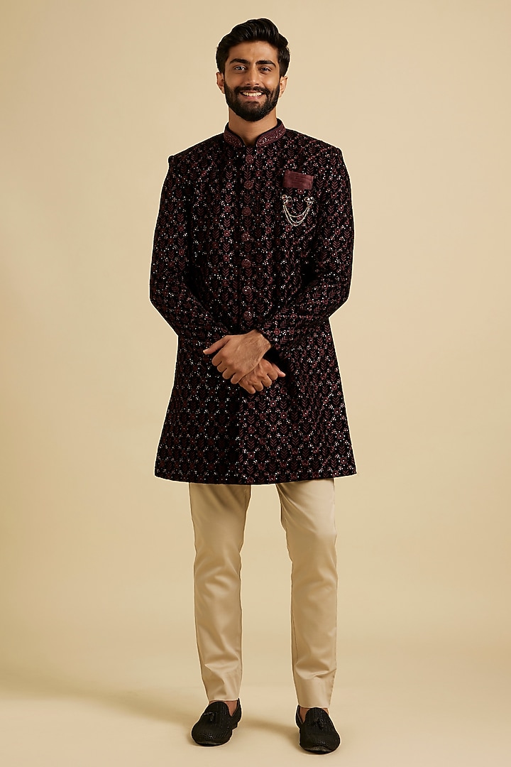 Wine Velvet Sequins Work Indowestern Set by Manyavar at Pernia's Pop Up Shop