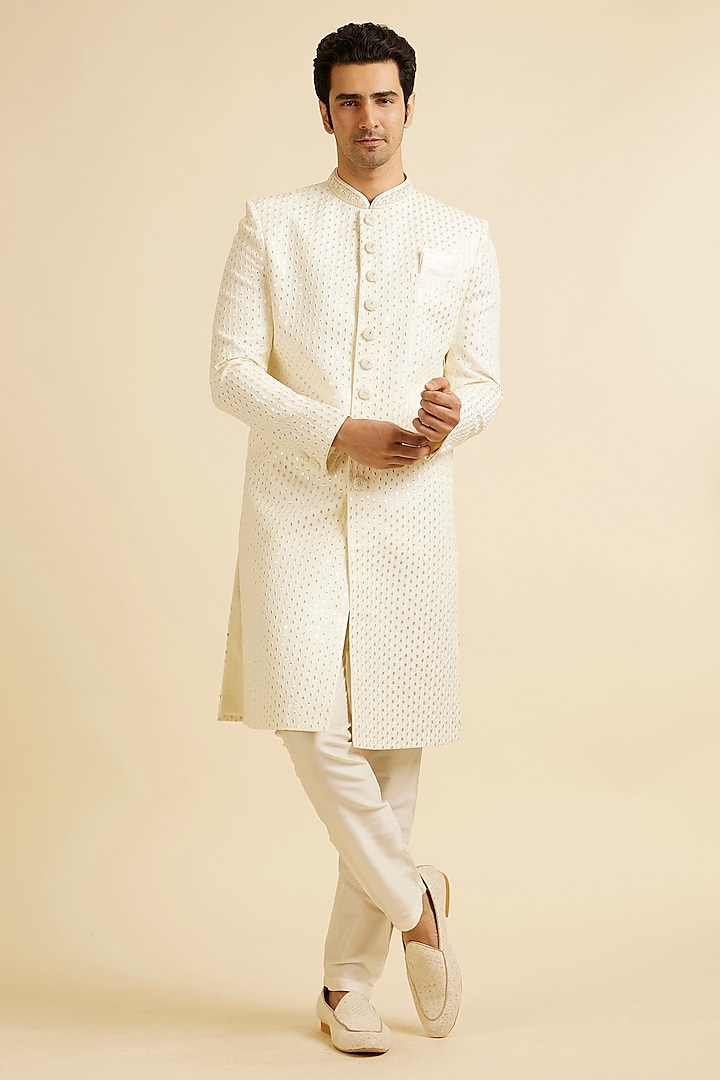 Cream Blended Viscose Sequins Work Sherwani Set by Manyavar