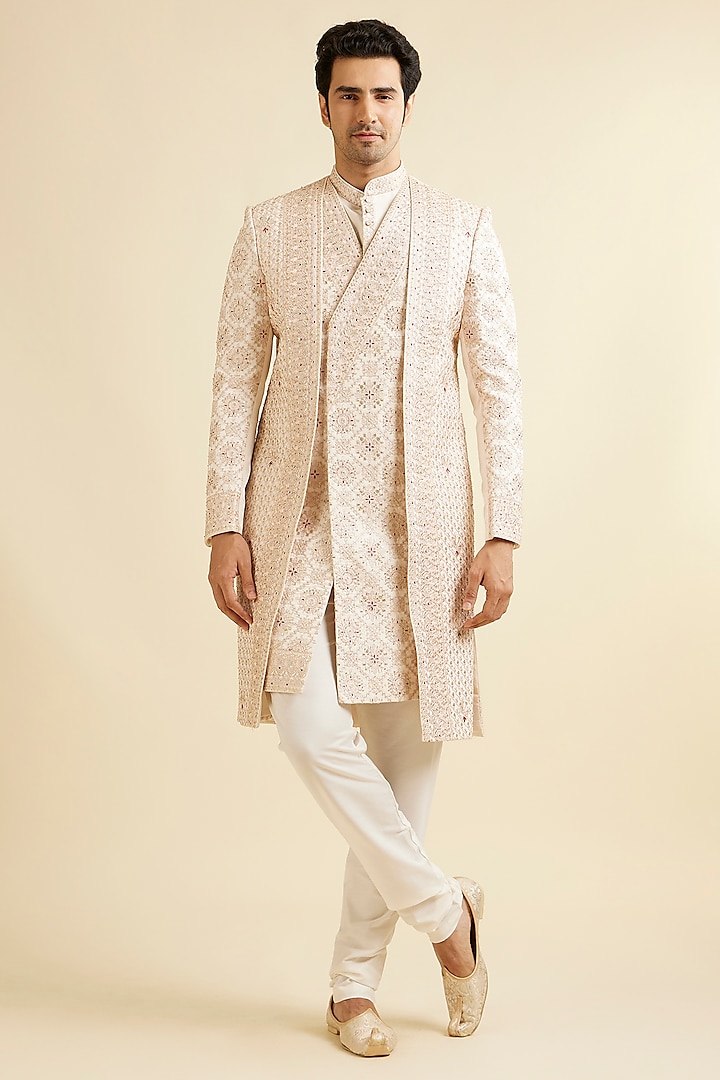 Beige Satin Zardosi Embroidered Sherwani Set by Manyavar