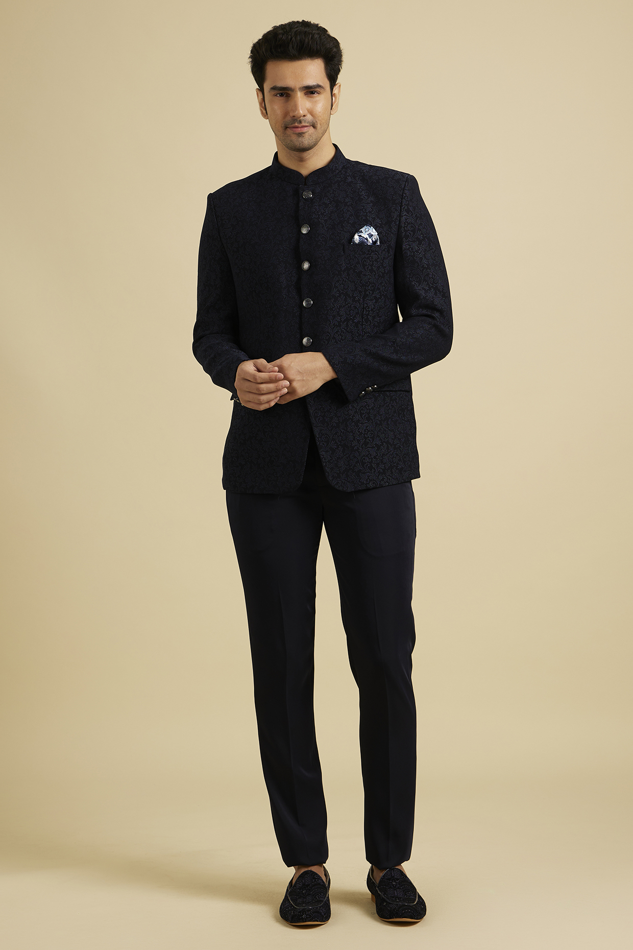 Blue Blended Rayon Bandhgala Set by Manyavar