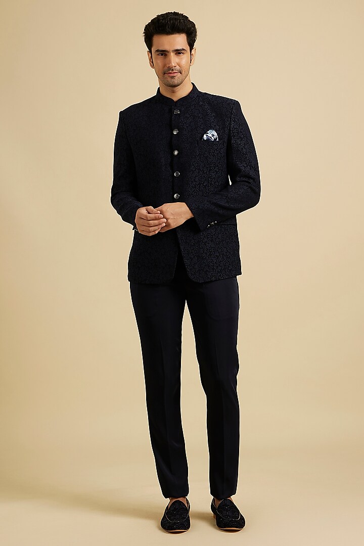 Blue Blended Rayon Bandhgala Set by Manyavar