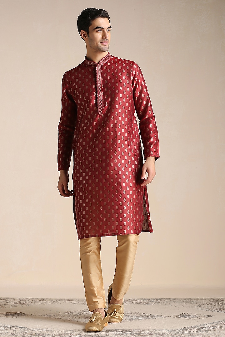 Pomegranate Red Art Silk Kurta Set by Manyavar at Pernia's Pop Up Shop