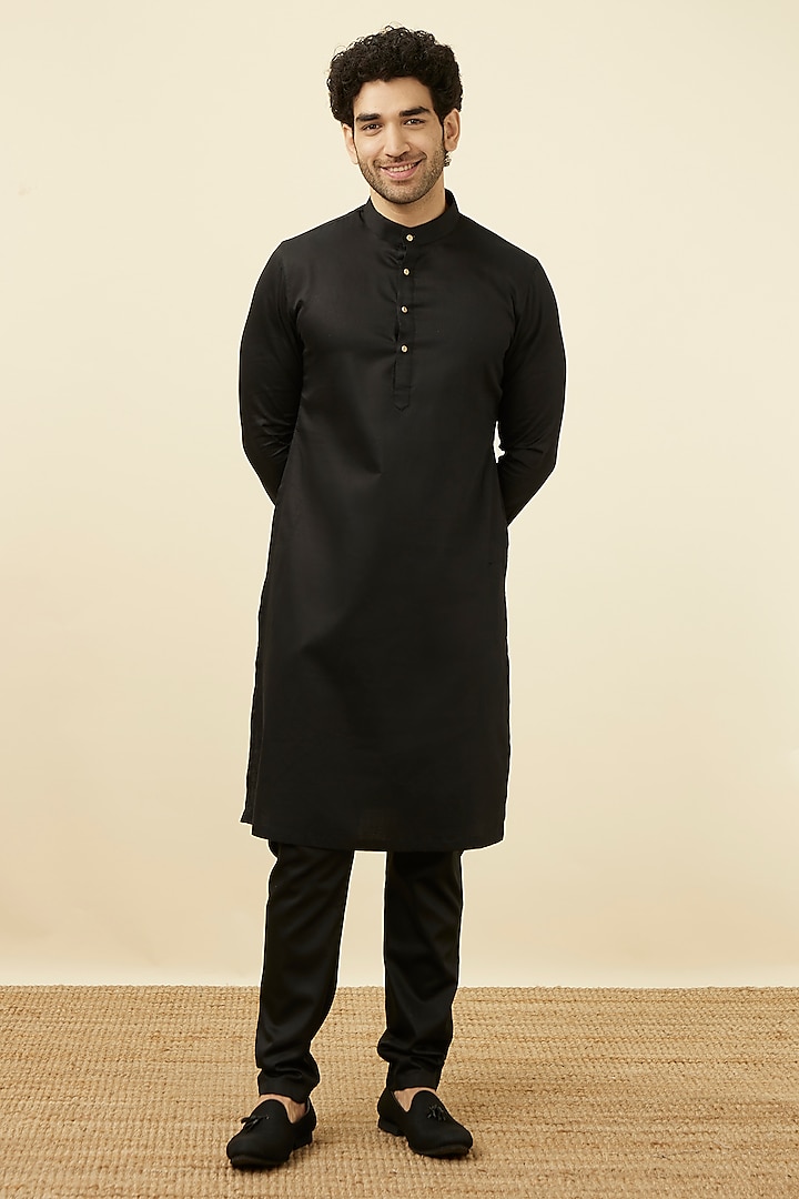 Black Cotton Kurta Set by Manyavar