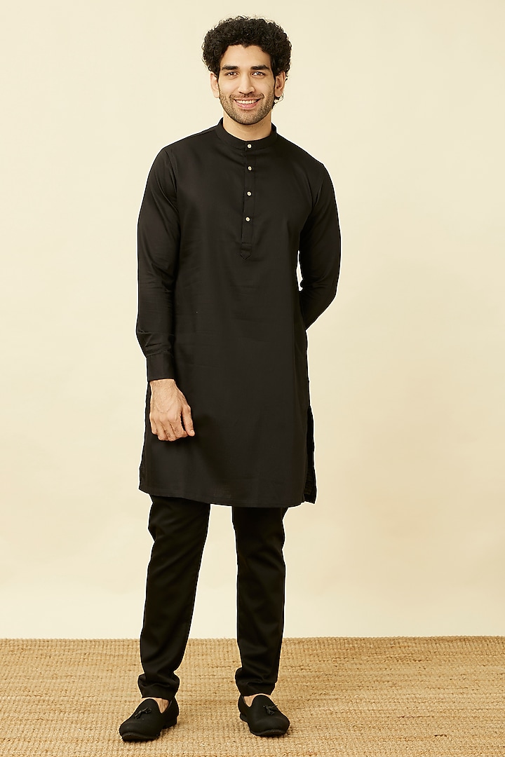 Charcoal Black Cotton Kurta Set by Manyavar