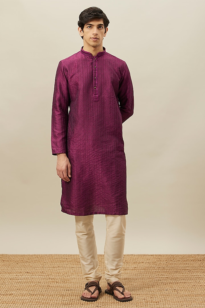 Purple Art Silk Textured Kurta Set by Manyavar