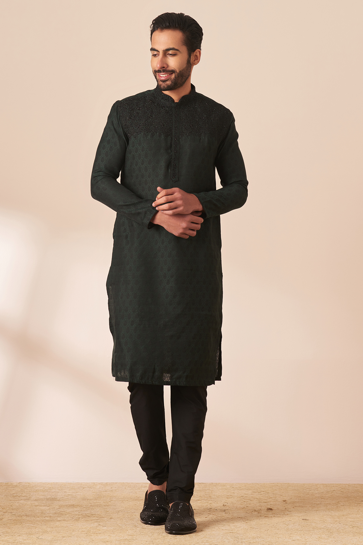 Dark Green Blended Viscose Kurta Set by Manyavar at Pernia's Pop Up Shop