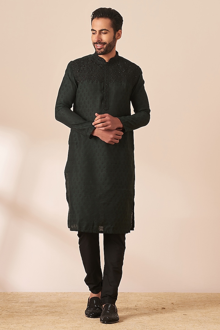 Dark Green Blended Viscose Kurta Set by Manyavar at Pernia's Pop Up Shop