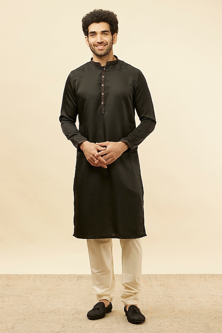 Black Satin Kurta Set by Manyavar