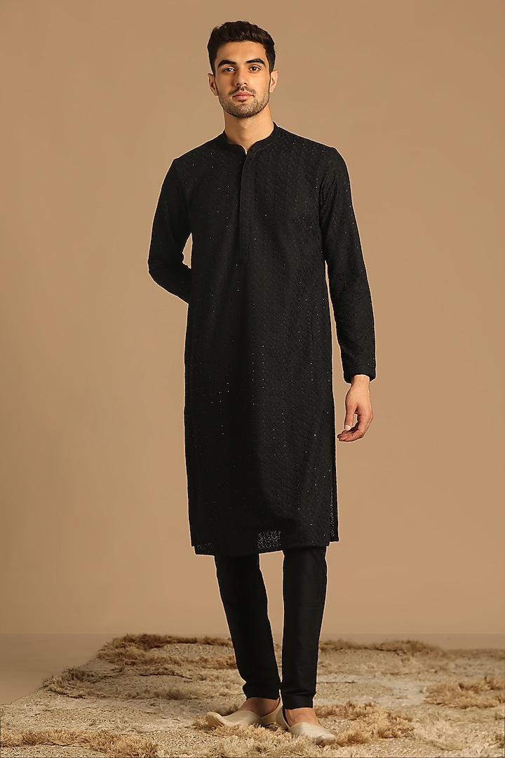 Black Blended Cotton Kurta Set by Manyavar