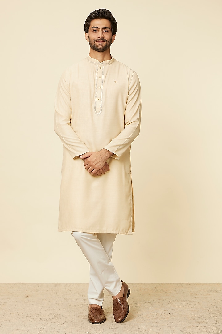 Beige Blended Viscose Kurta Set by Manyavar