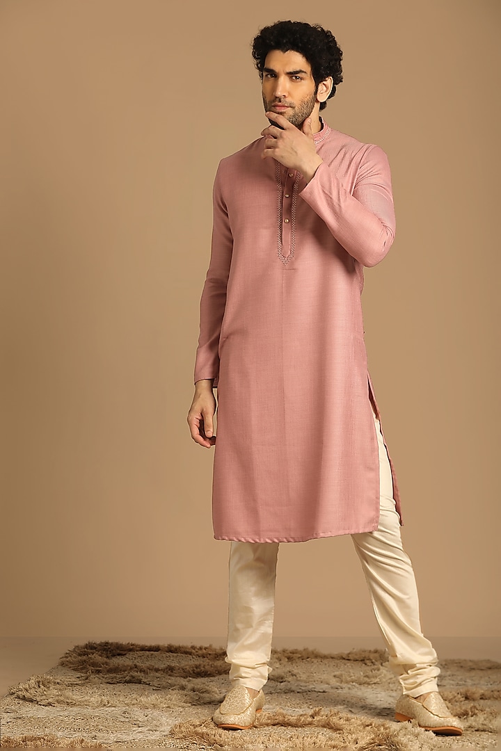 Pink Blended Viscose Kurta Set by Manyavar