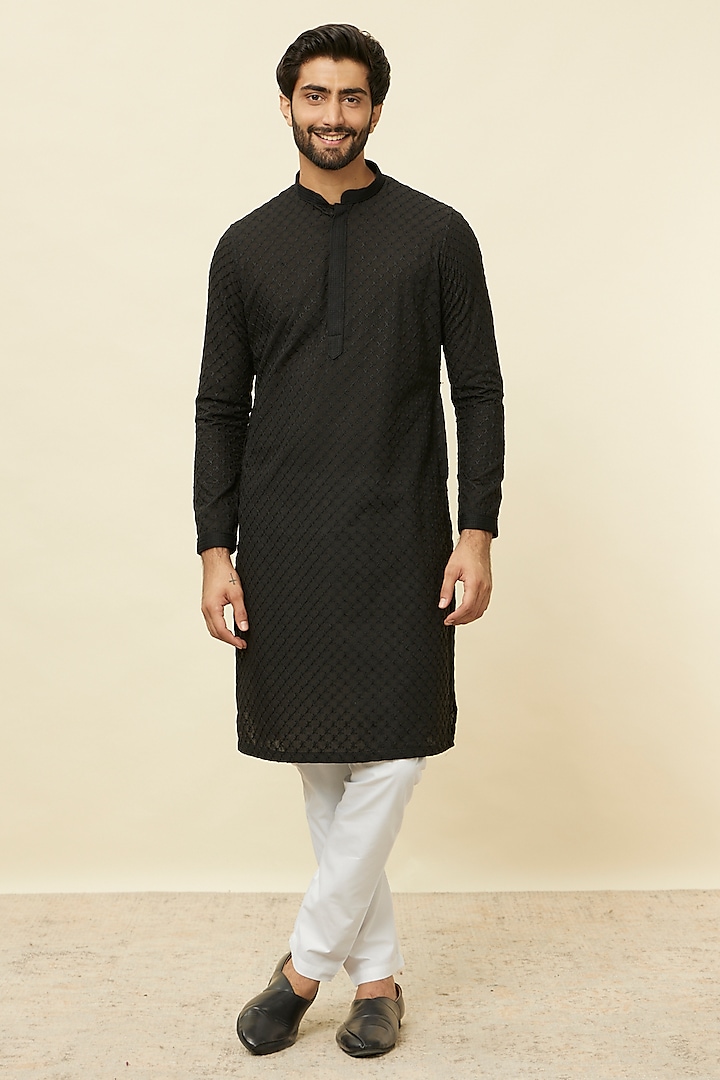 Black Blended Cotton Embroidered Kurta Set by Manyavar