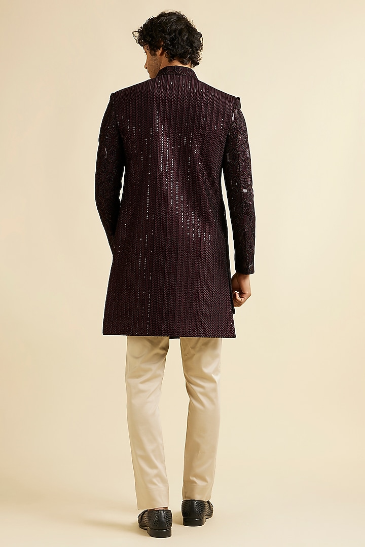 Wine Velvet Sequins Work Indowestern Set by Manyavar at Pernia's Pop Up Shop