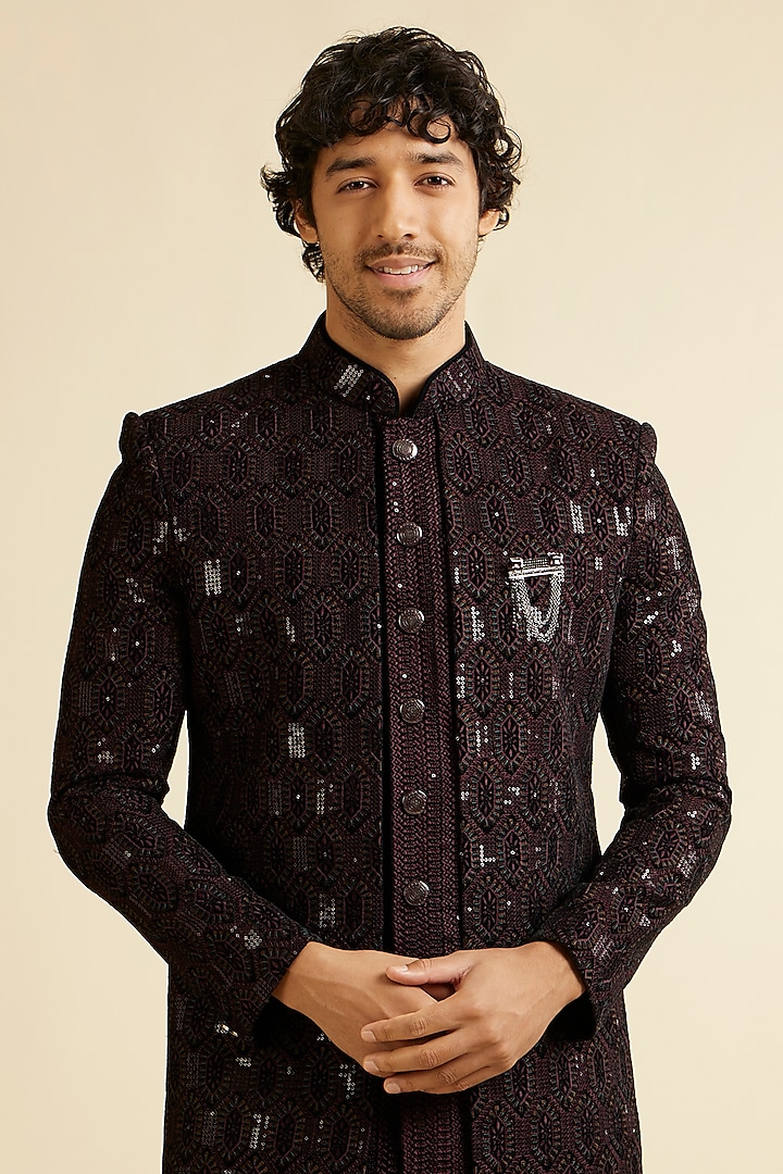 Wine Velvet Sequins Work Indowestern Set by Manyavar at Pernia's Pop Up Shop