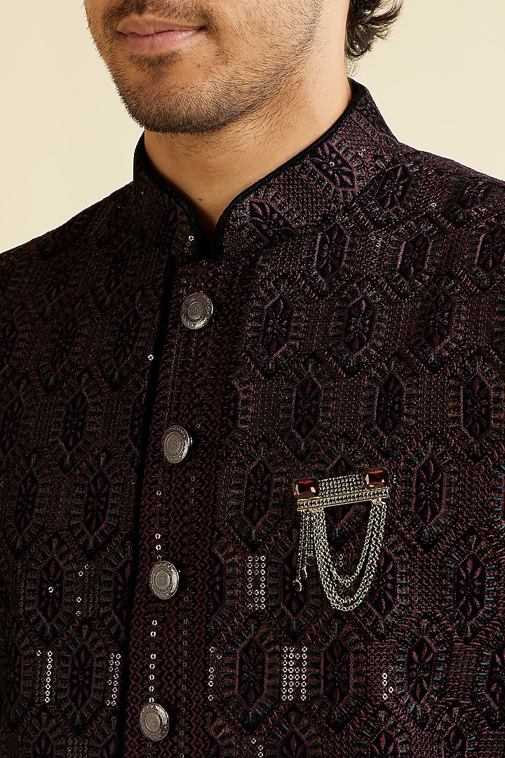 Wine Velvet Sequins Work Indowestern Set by Manyavar at Pernia's Pop Up Shop