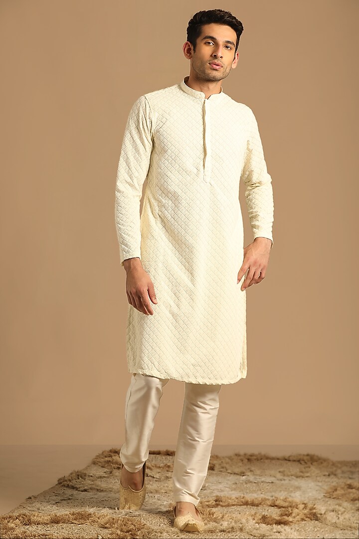 Cream Blended Cotton Kurta Set by Manyavar