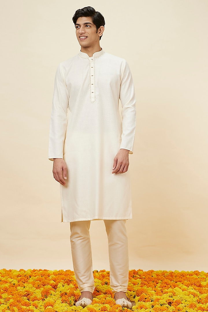 Cream Blended Cotton Embroidered Kurta Set by Manyavar