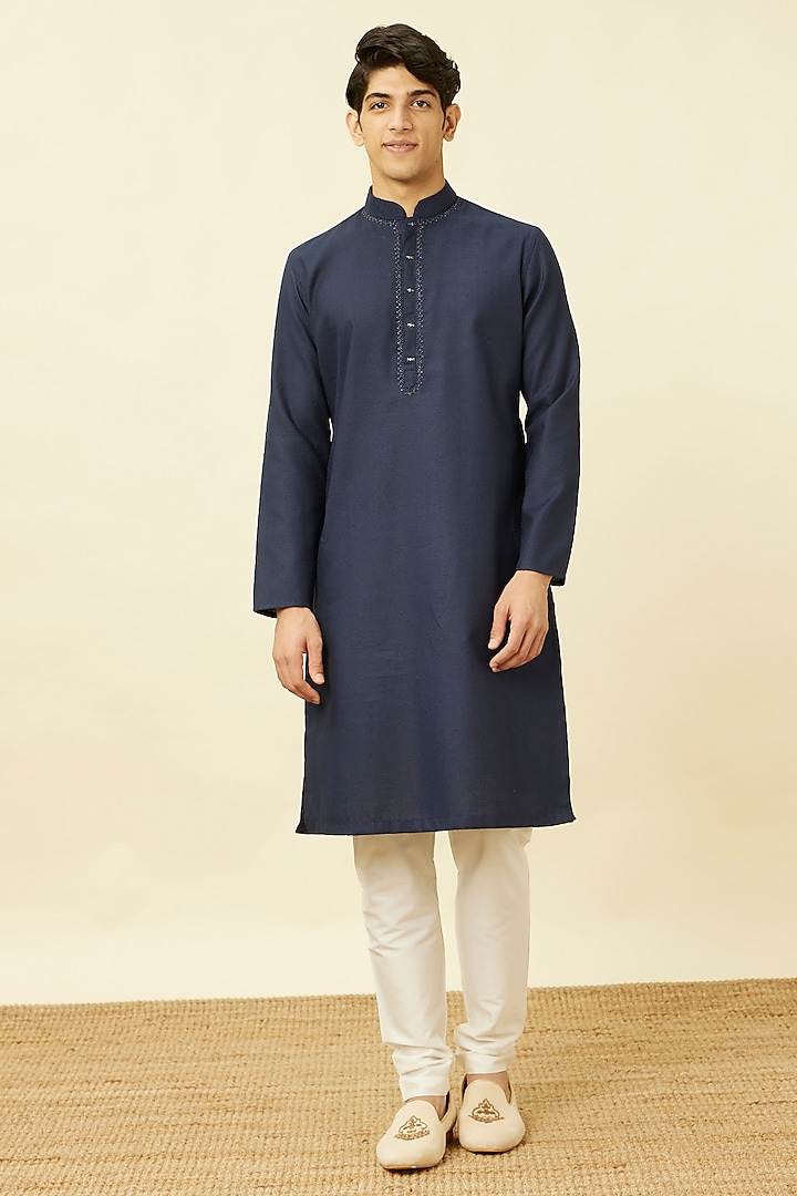 Navy Blue Blended Cotton Kurta Set by Manyavar at Pernia's Pop Up Shop