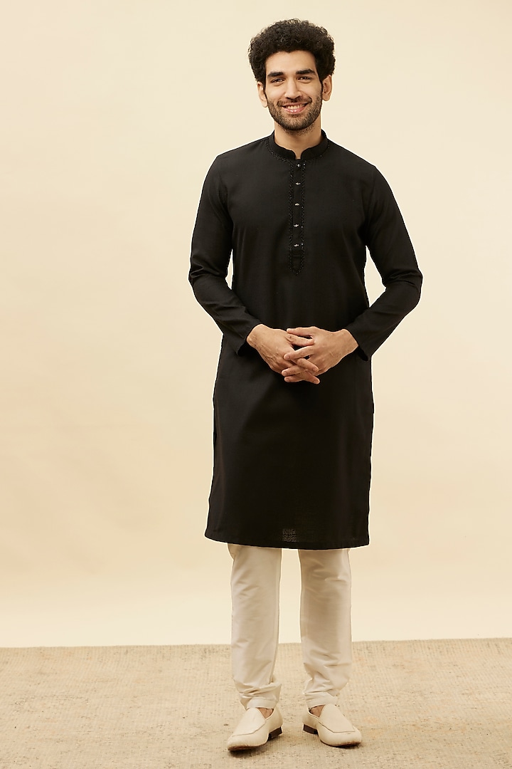 Black Blended Cotton Kurta Set by Manyavar