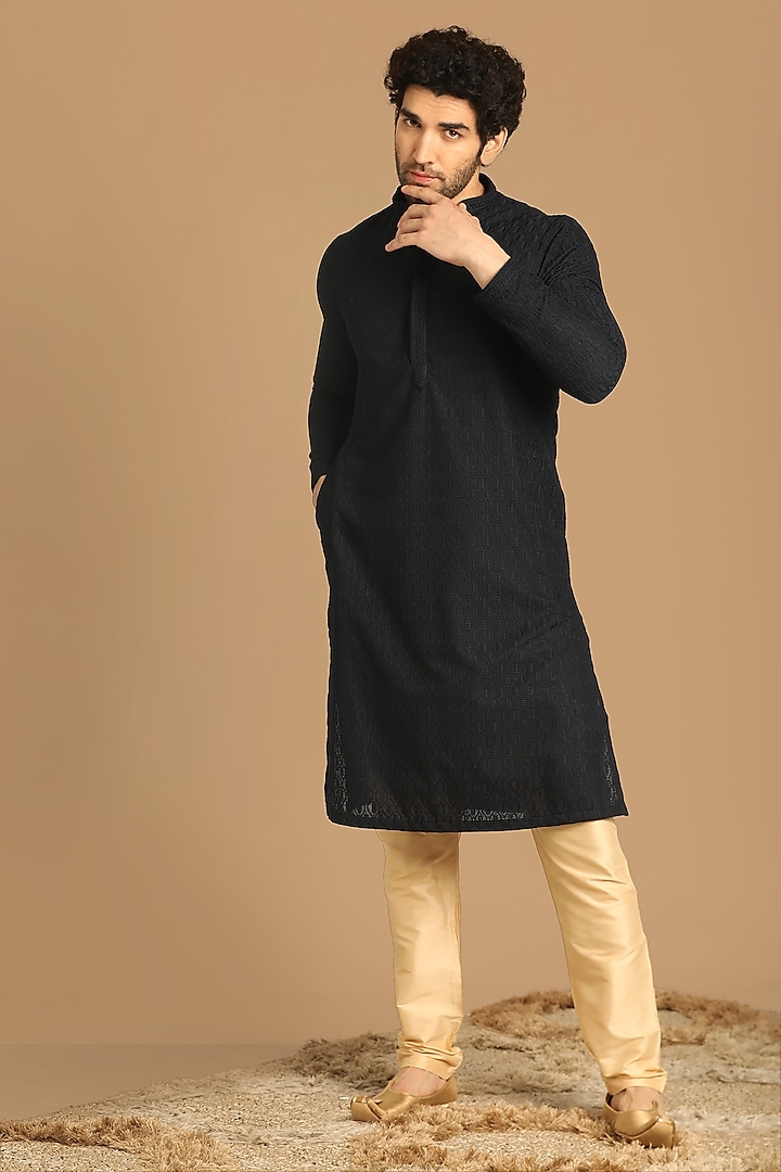 Blue Blended Cotton Chikankari Kurta Set by Manyavar at Pernia's Pop Up Shop