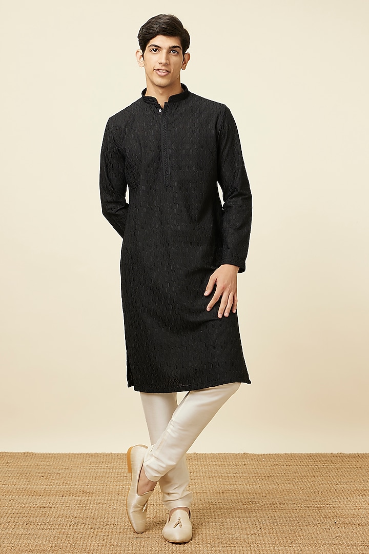 Black Blended Cotton Chikankari Kurta Set by Manyavar