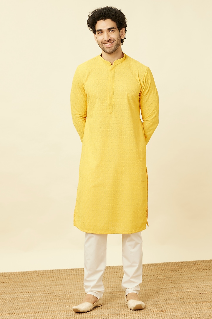 Mustard Blended Cotton Chikankari Embroidered Kurta Set by Manyavar