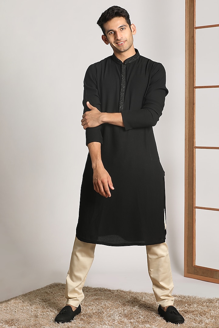 Black Rayon Kurta Set by Manyavar