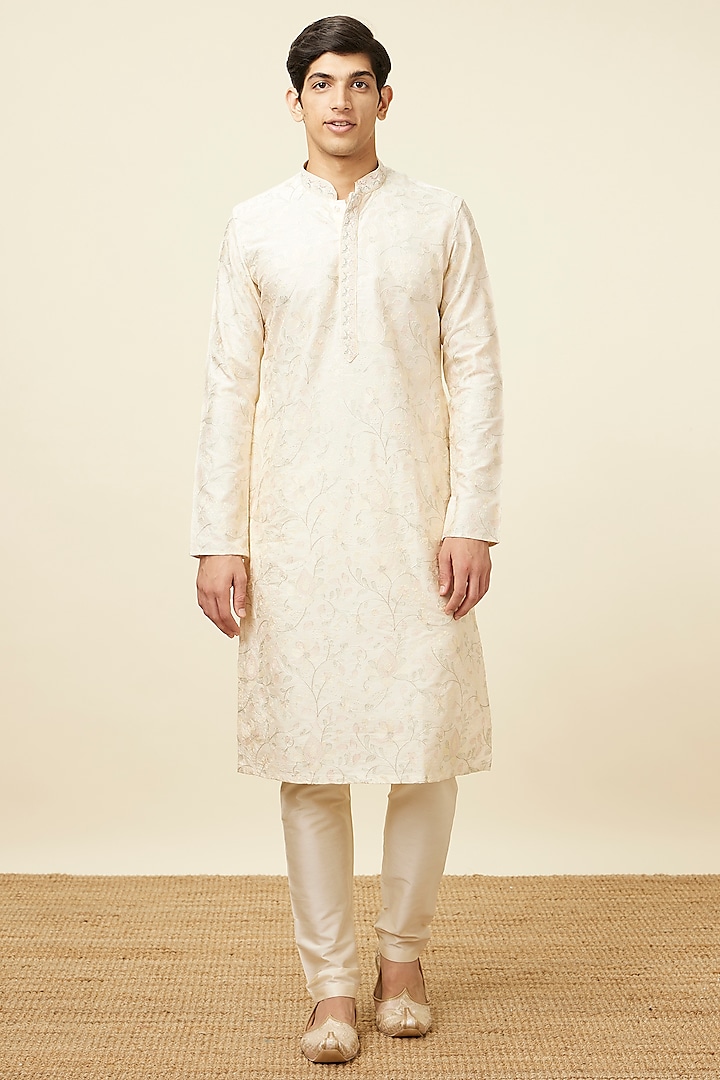 Cream Blended Viscose Printed Kurta Set by Manyavar