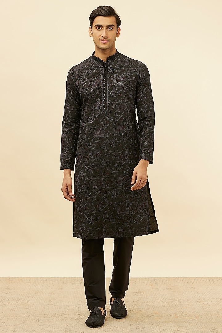 Black Blended Viscose Kurta Set by Manyavar