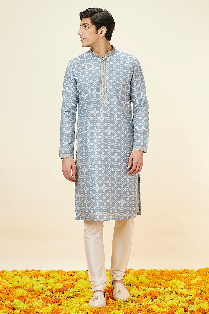 Silver Grey Blended Cotton Floral Jaal Kurta Set by Manyavar at Pernia's Pop Up Shop