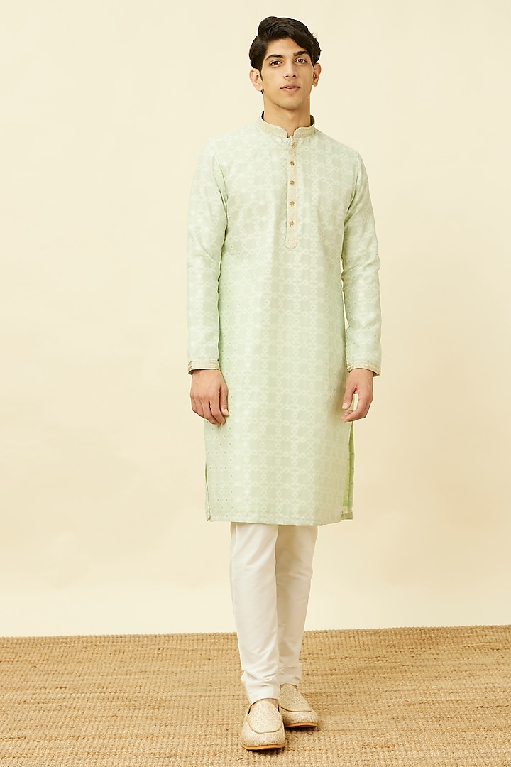 Mint Green Blended Cotton Jaal Pattern Kurta Set by Manyavar