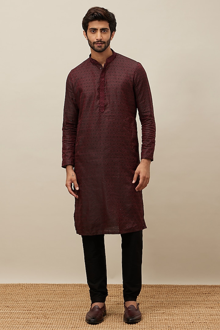 Maroon Art Silk Textured Kurta Set by Manyavar at Pernia's Pop Up Shop