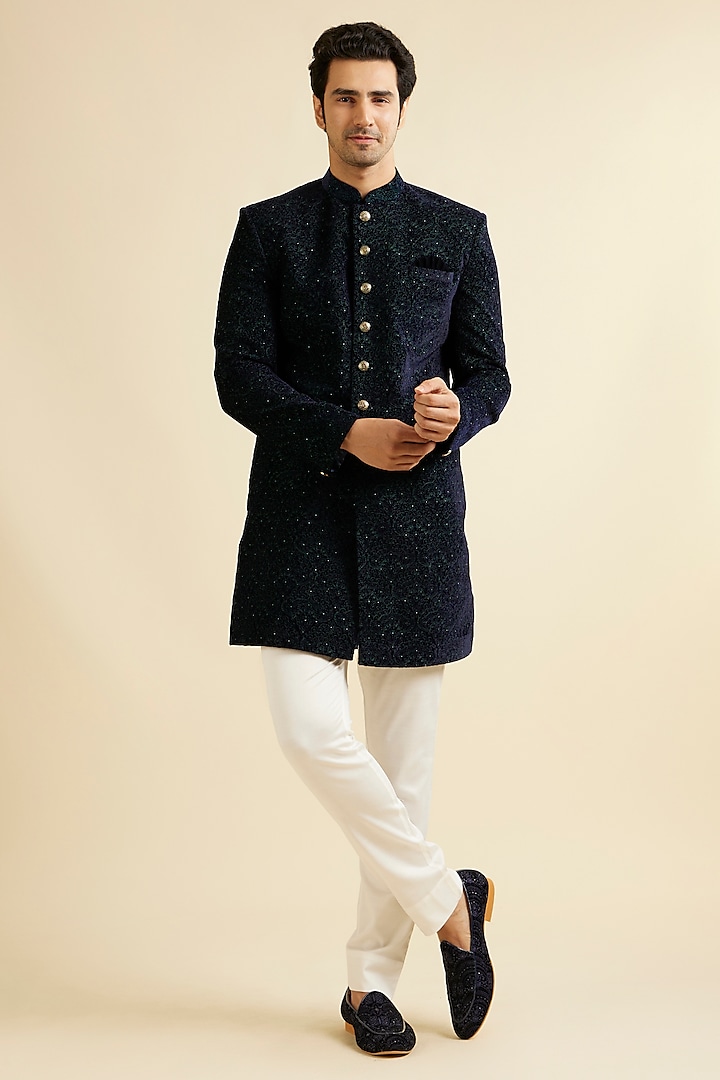 Green Velvet Embroidered Indowestern Set by Manyavar at Pernia's Pop Up Shop