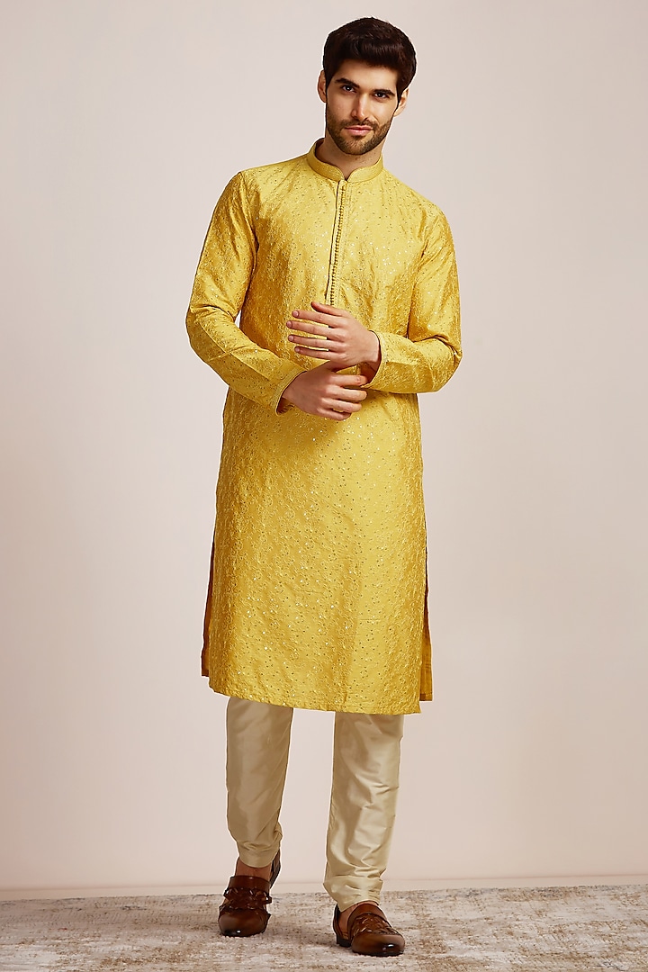 Mustard Blended Viscose Sequinned Kurta Set by Manyavar at Pernia's Pop Up Shop