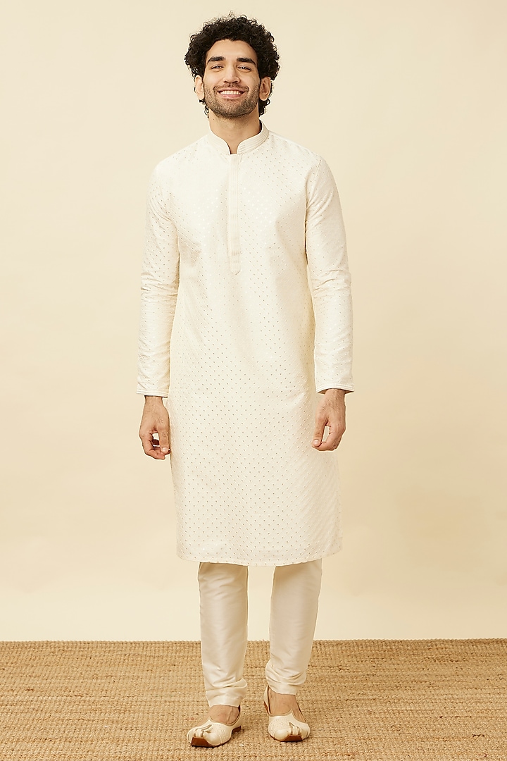 Cream Blended Viscose Kurta Set by Manyavar at Pernia's Pop Up Shop